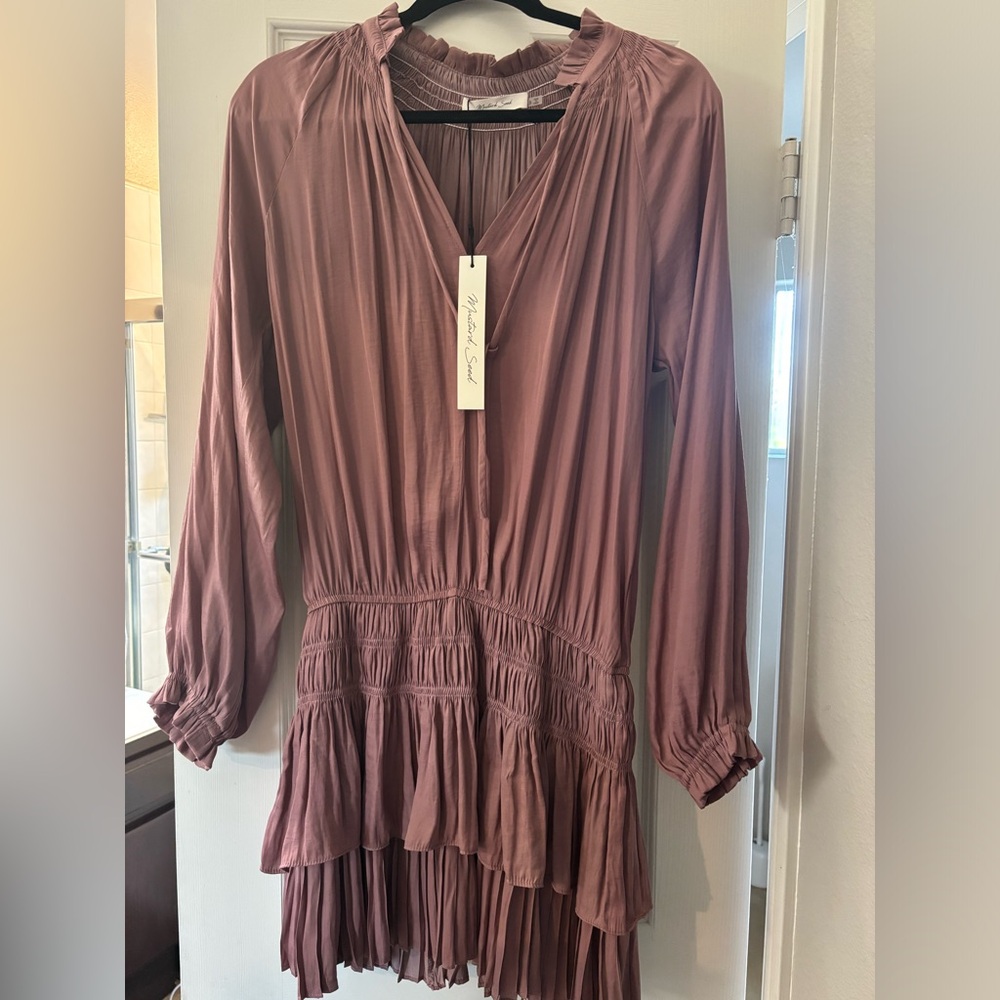 Mustard Seed Tiered Long Sleeve Silk Ruched Dress in Rose Mauve